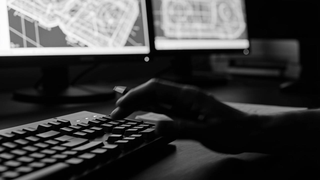 Hands working a keyboard between two monitors of technical drawings, a build in progress